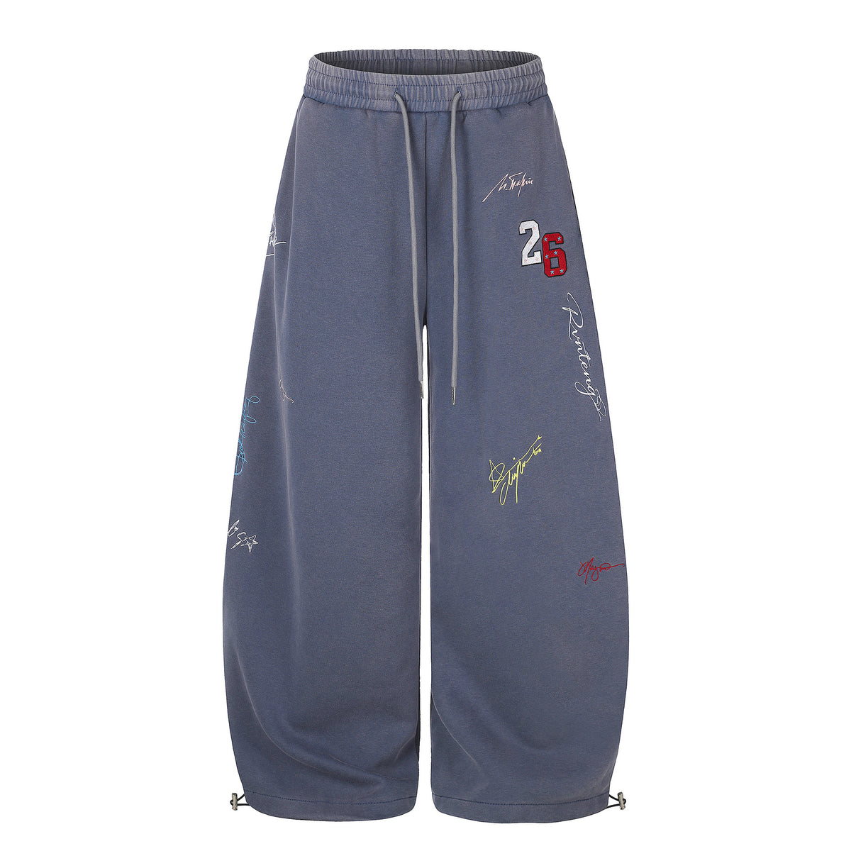 Distressed Numeric Signature Embroidery Drawstring Loose Draped Wide-Leg Casual Pants