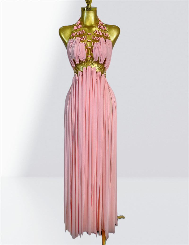 Sexy Plunging Neckline Halter Hollow-out Metal Ring Party Dress