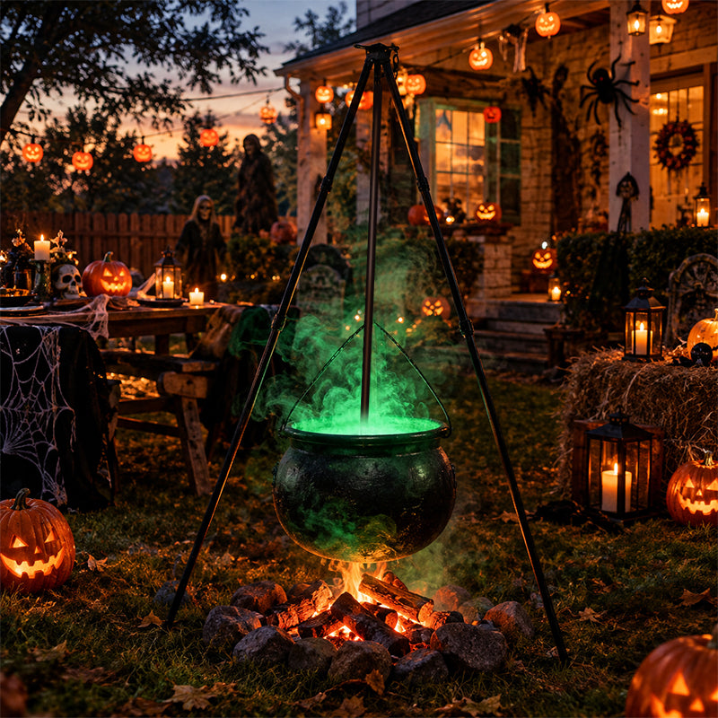 Halloween Black Witches Cauldron with Skeletons on Tripod – Outdoor Horror House Scary Prop, Home Halloween Decoration