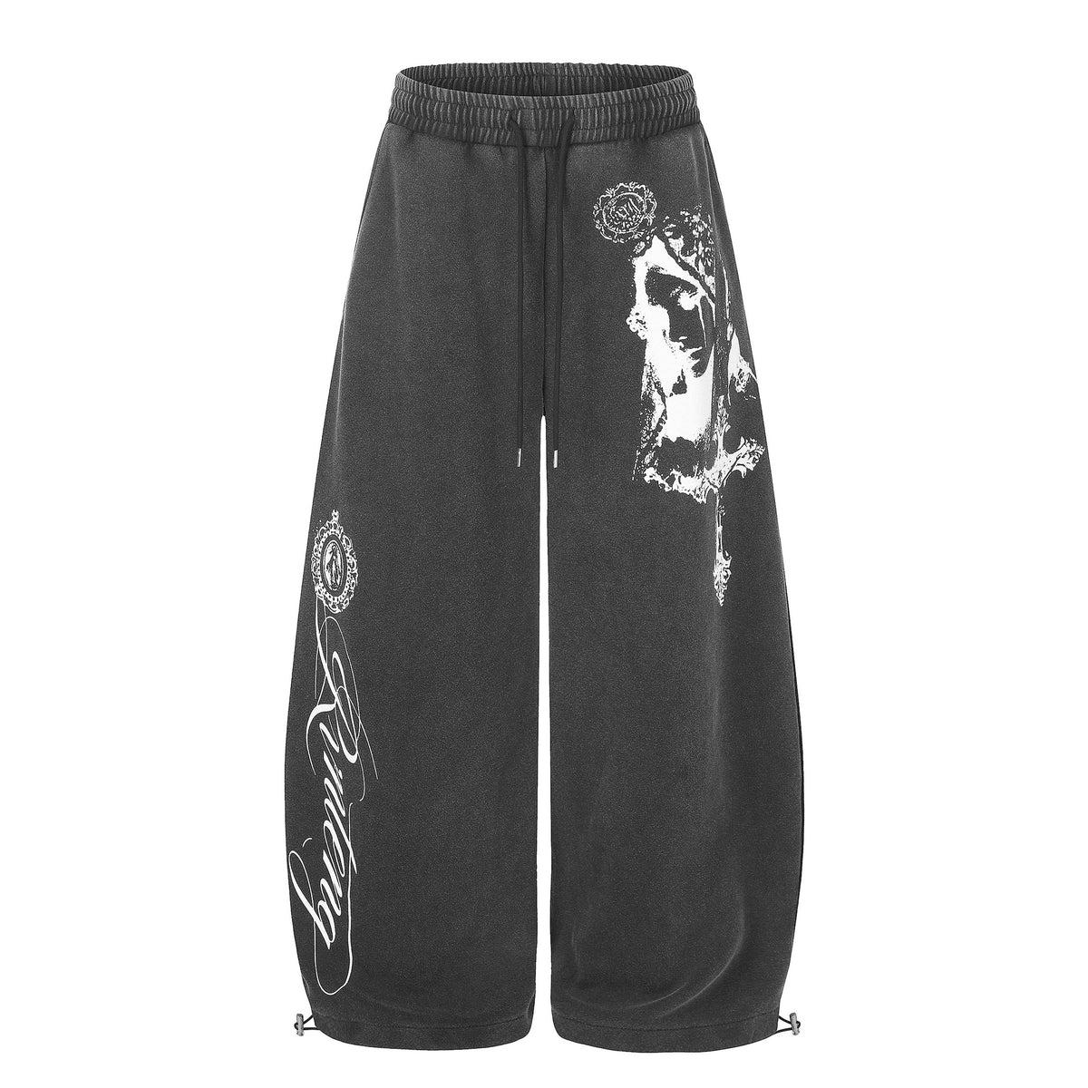 Unisex American High Street Washed Portrait Print Dropped Crotch Drawstring Wide Leg Casual Sweatpants