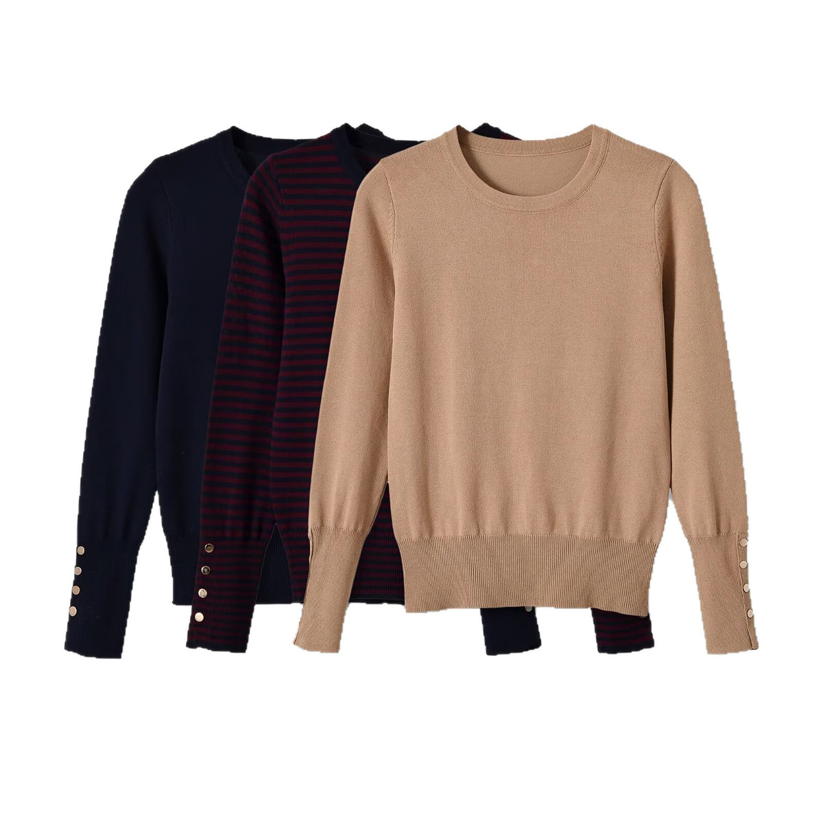 Round neck button decoration long sleeved knitted sweater for women