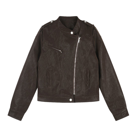 Faux Leather Asymmetric Zipper Stand Collar Cropped Loose Motorcycle Jacket