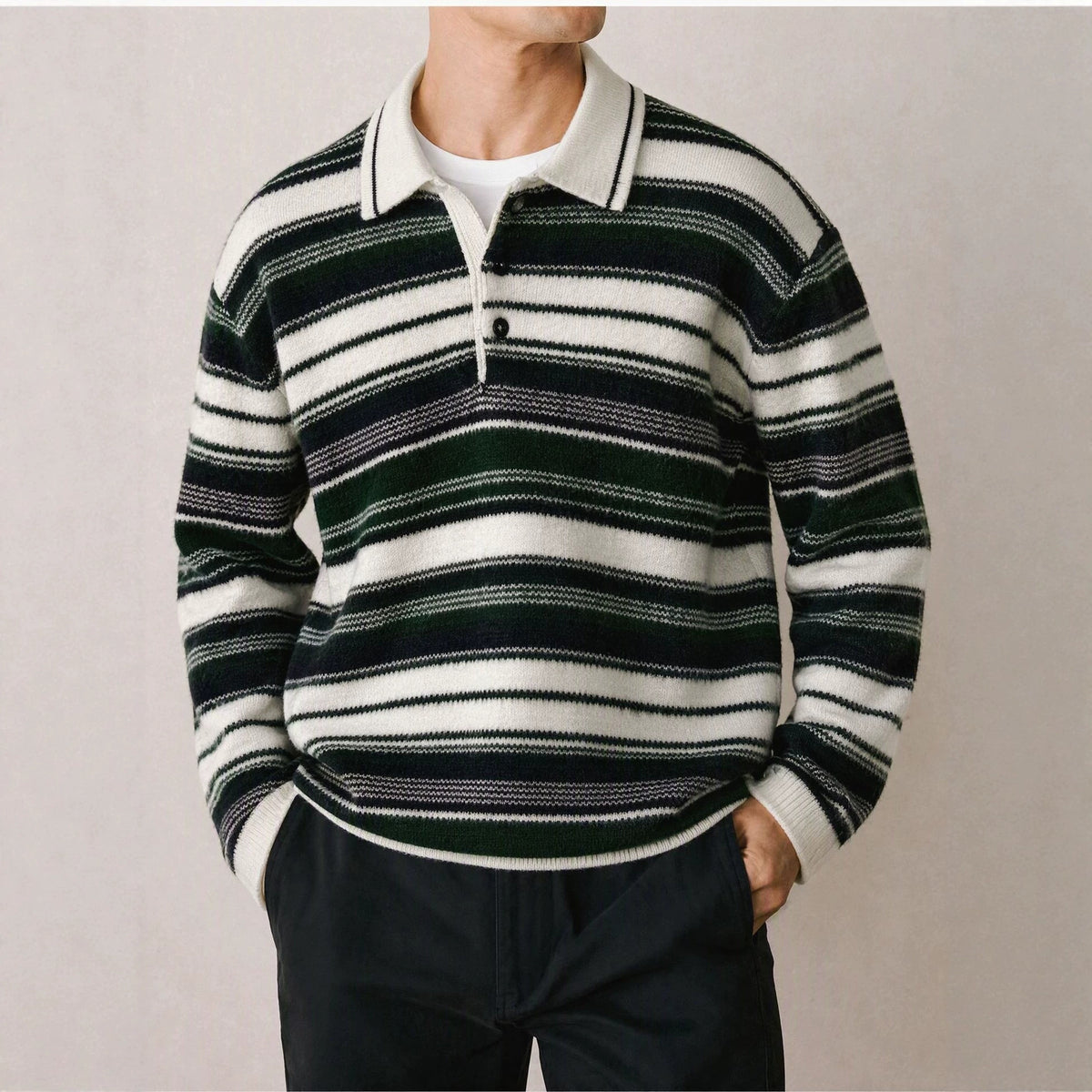 Polo sweater with contrasting stripes