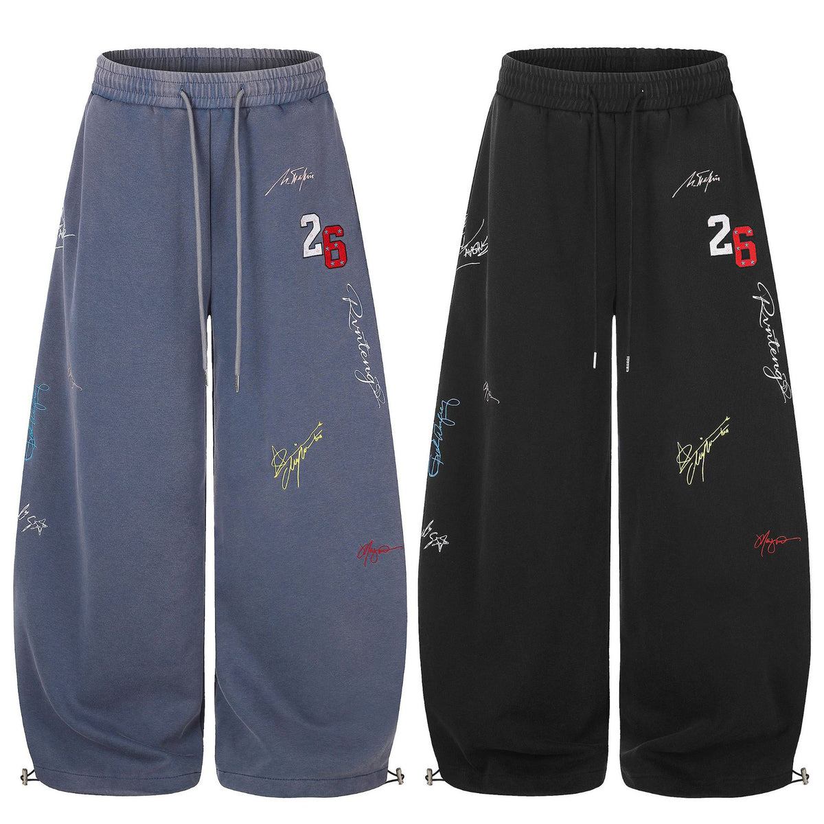 Distressed Numeric Signature Embroidery Drawstring Loose Draped Wide-Leg Casual Pants