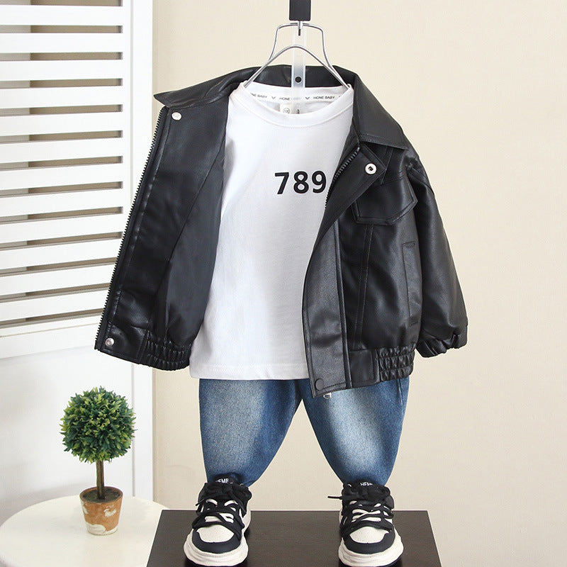 Stylish PU Leather Jacket for Boys Autumn Spring Casual Outerwear