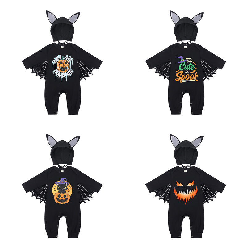 Baby Halloween Long Sleeve Onesie with Pumpkin and Bat Design, Infant Bodysuit for Crawling