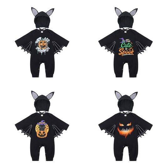 Baby Halloween Long Sleeve Onesie with Pumpkin and Bat Design, Infant Bodysuit for Crawling