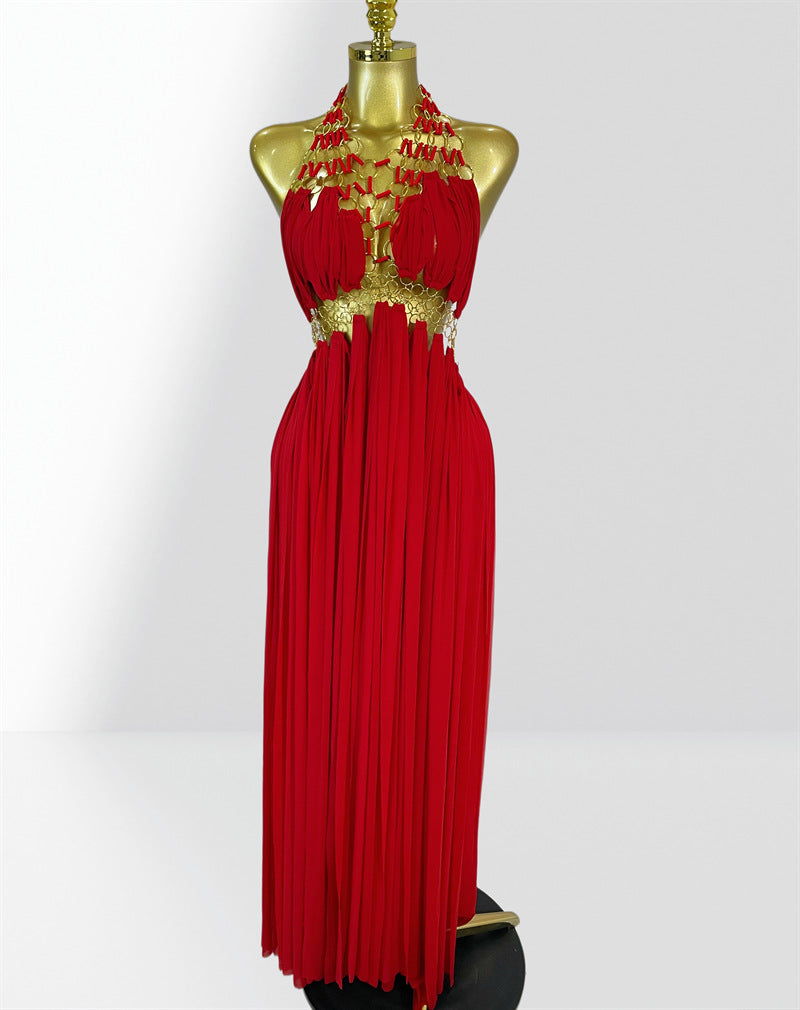 Sexy Plunging Neckline Halter Hollow-out Metal Ring Party Dress