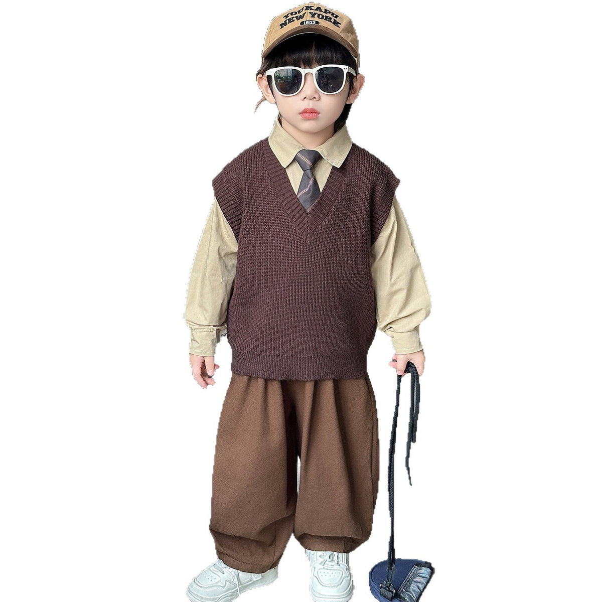 Boys Spring Autumn Fashion Three-Piece Suit Set with Vest, Tie and Shirt
