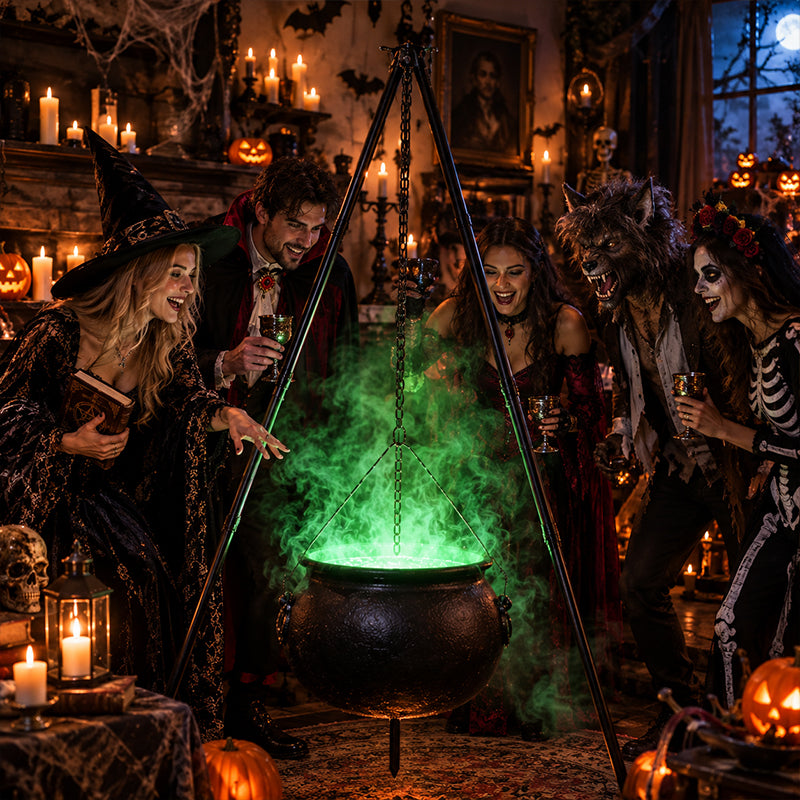 Halloween Black Witches Cauldron with Skeletons on Tripod – Outdoor Horror House Scary Prop, Home Halloween Decoration