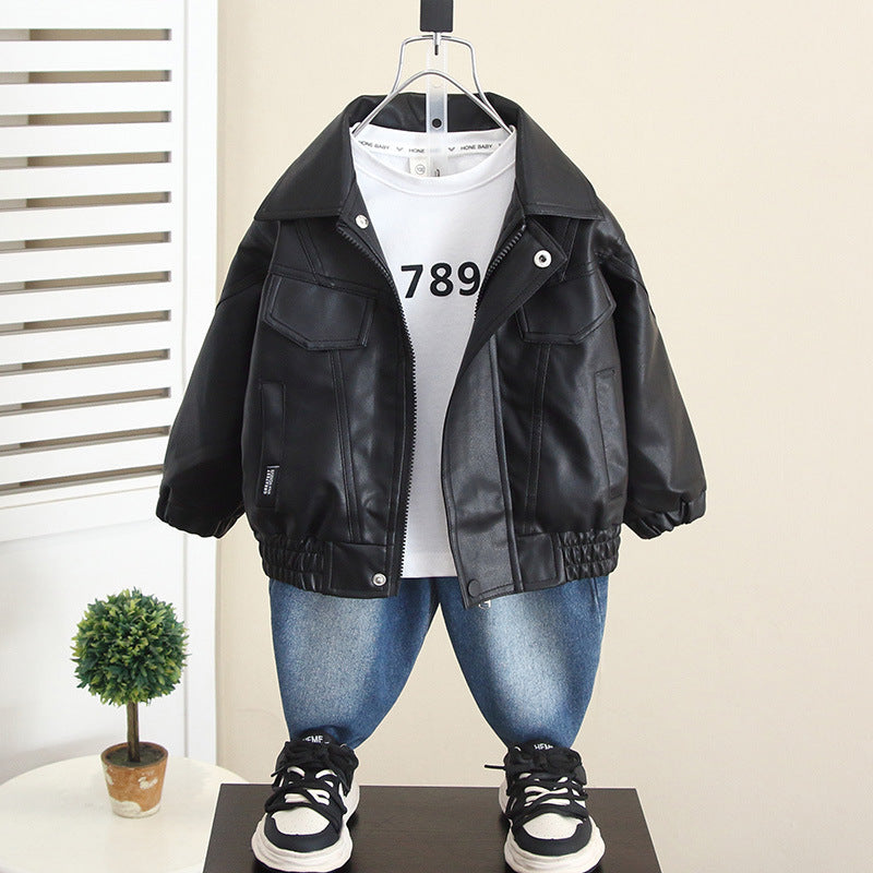 Stylish PU Leather Jacket for Boys Autumn Spring Casual Outerwear