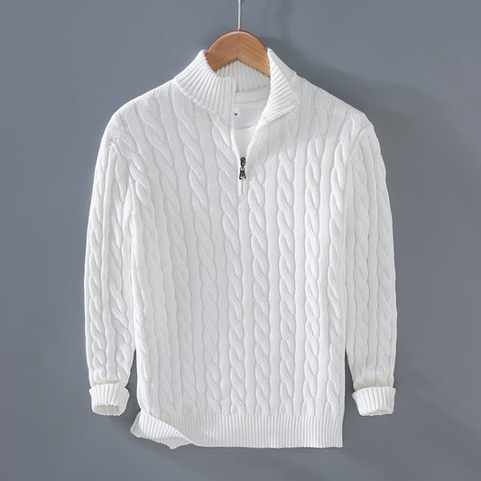 Men's Thickened Coarse Knit Mock Neck Zipper Loose Pullover Sweater