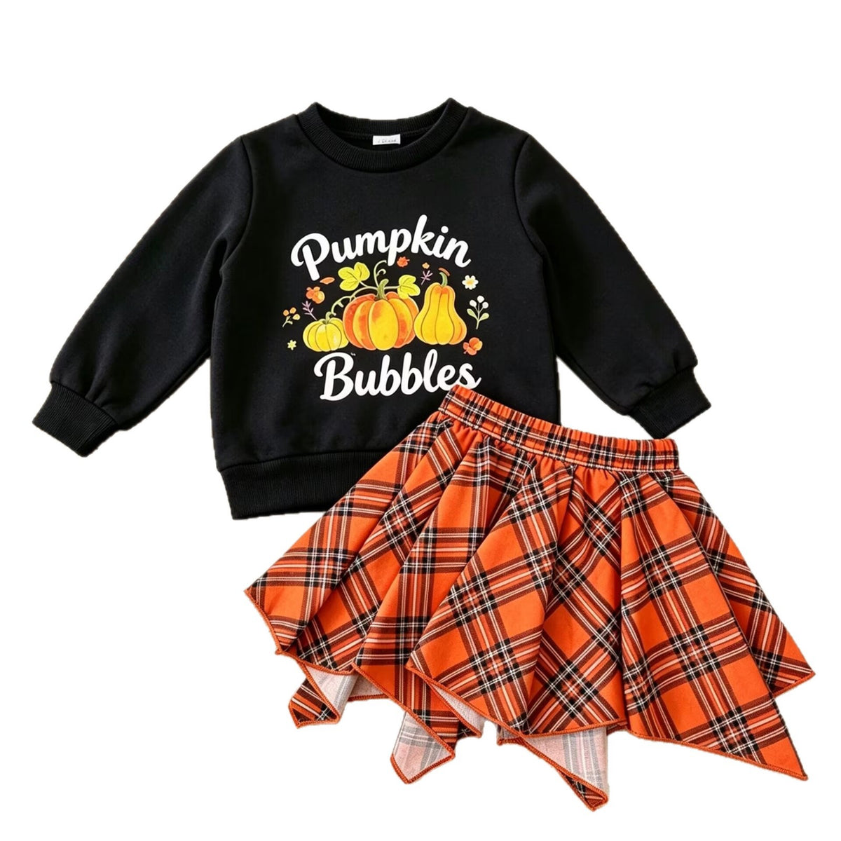 Children's Set Wholesale Factory Girls Halloween Pumpkin Hoodie Plaid Skirt Two-Piece Set Kids Autumn Outfit