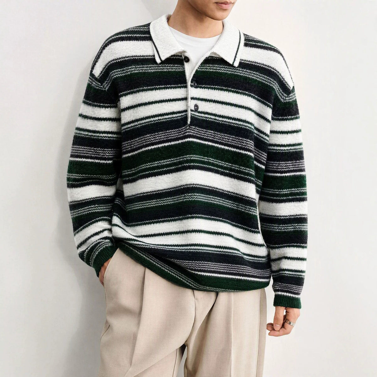 Polo sweater with contrasting stripes