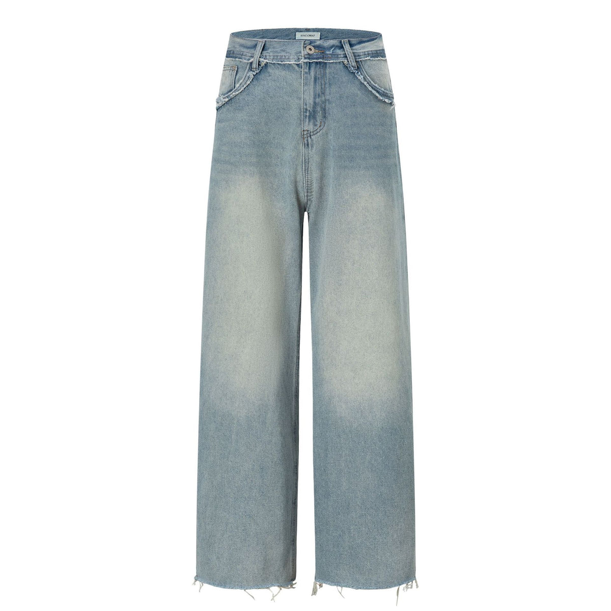 Wide Leg Denim Pants with Exposed Waist and Distressed Faded Finish