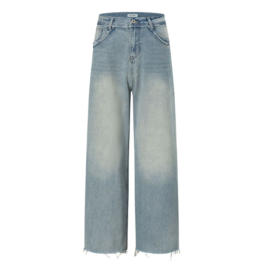Wide Leg Denim Pants with Exposed Waist and Distressed Faded Finish