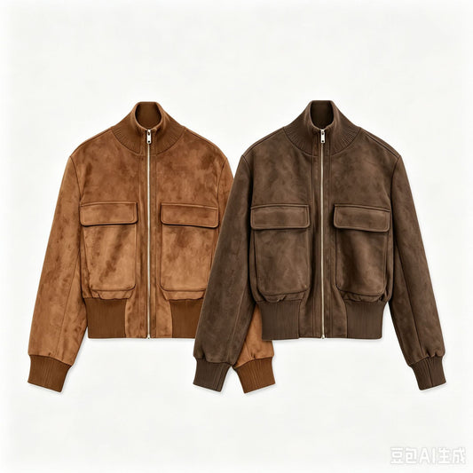 Loose suede pocket stand up collar jacket