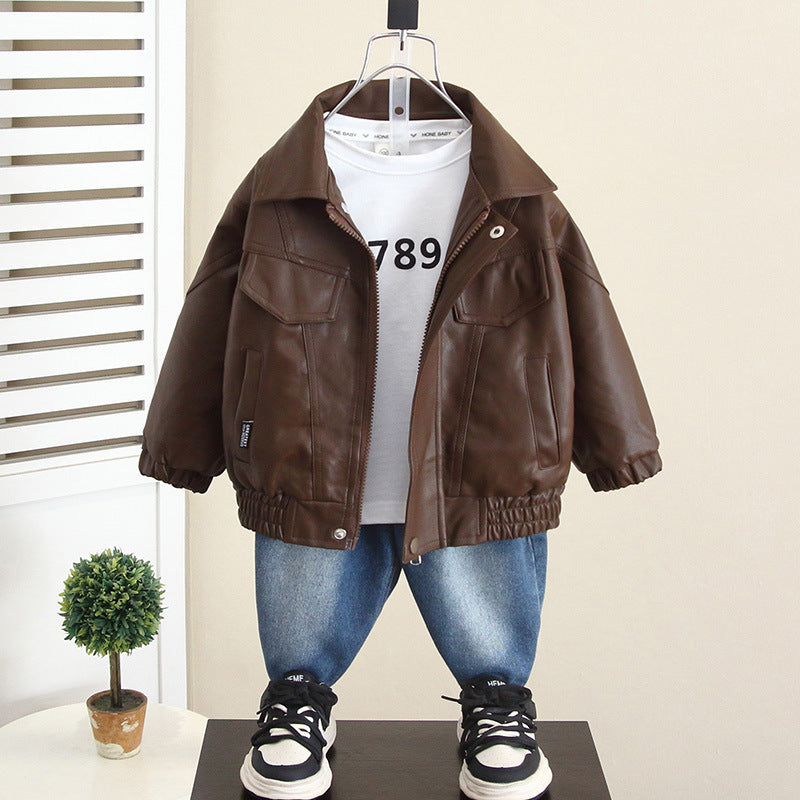 Stylish PU Leather Jacket for Boys Autumn Spring Casual Outerwear